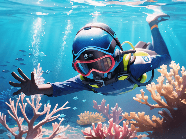 AI generated: digital painting, a child in scuba gear swimming between corals, scuba helmet, underwater, water bub...