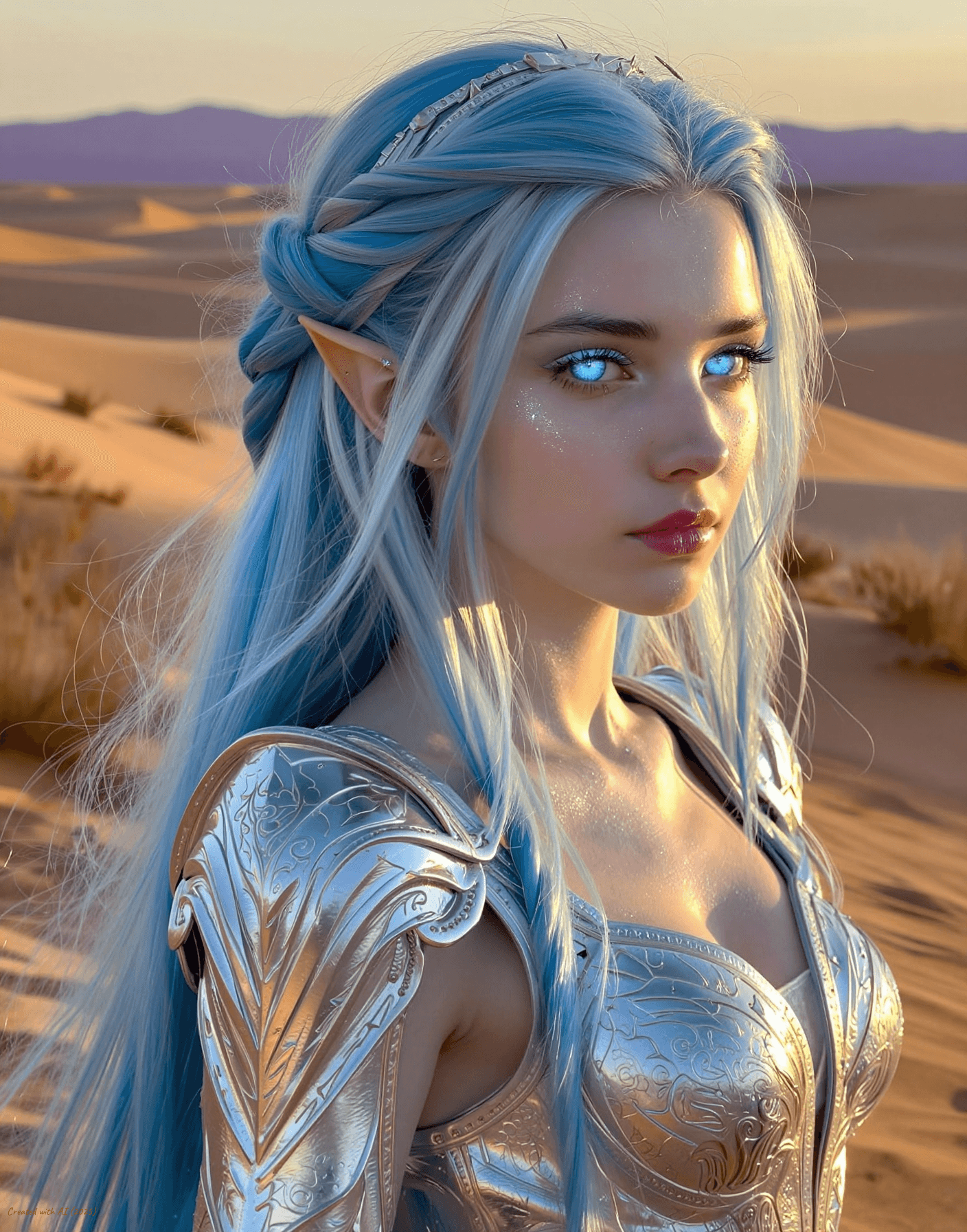 AI generated: subject
A breathtaking high elf warrior princess with ethereal beauty, long flowing glacier-blue ha...