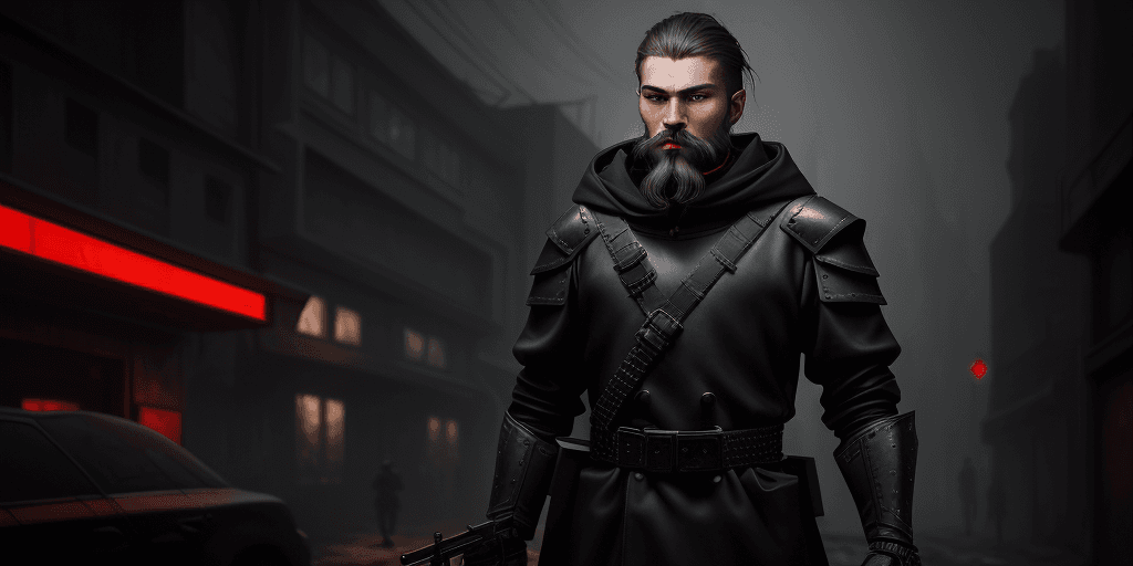 AI generated: Slavic very young man knight with beard and moustache and no helmet wearing black matte battle armor...