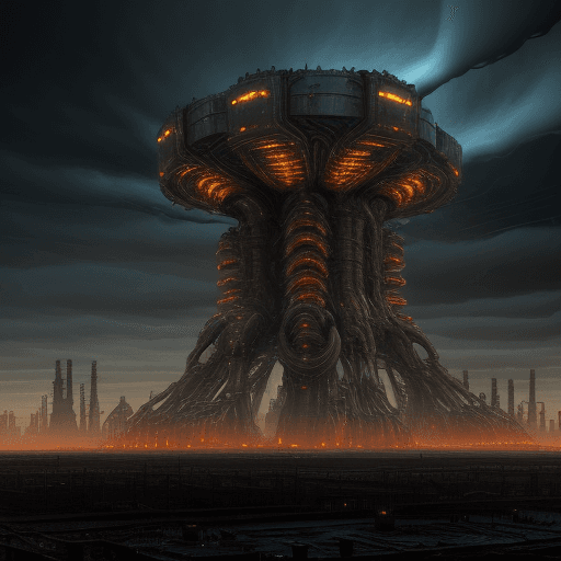 AI generated: A cold, desolate industrial landscape stretches endlessly, filled with metallic structures warped in...