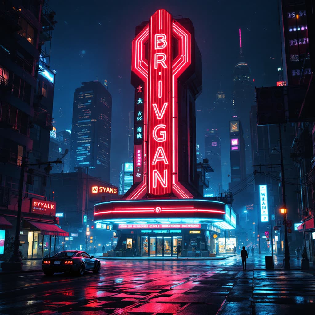 AI generated: futuristic city with a neon neon sign and a car parked in front of it, at night, digital artwork, il...