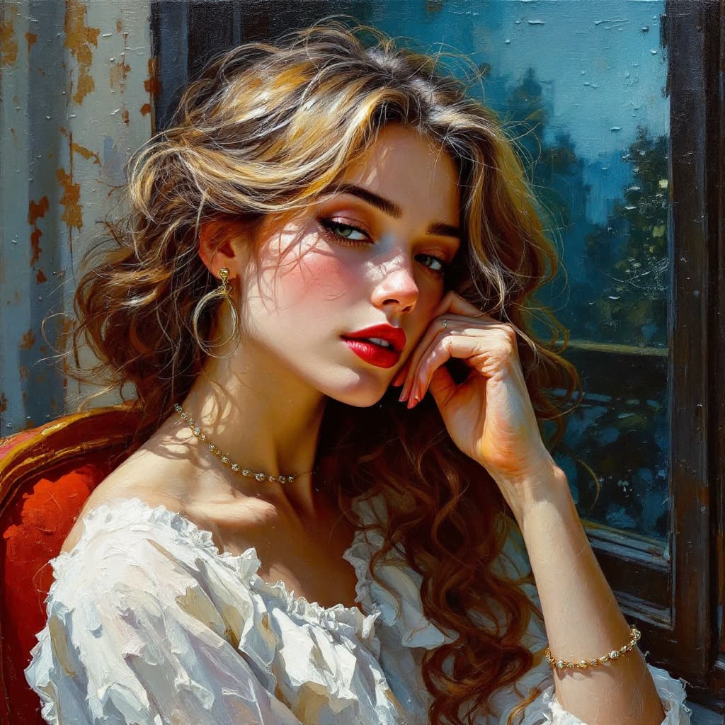 AI generated: a painting of a woman sitting near a window, in the style of beautiful women, playfully intricate, h...