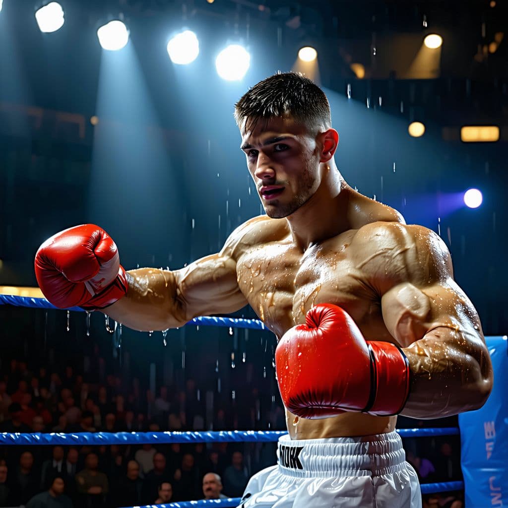 AI generated: A muscular boxer in the ring flexes his chiseled biceps, sweat glistening under intense spotlight. T...