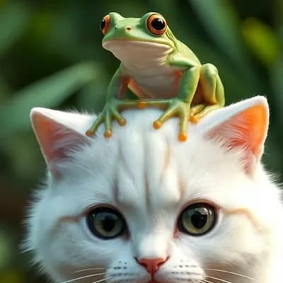 AI generated video: Frog sitting on cat's head irritates cat, frog, slaps, make fun of the cat, jumps and laughs. Cat is...