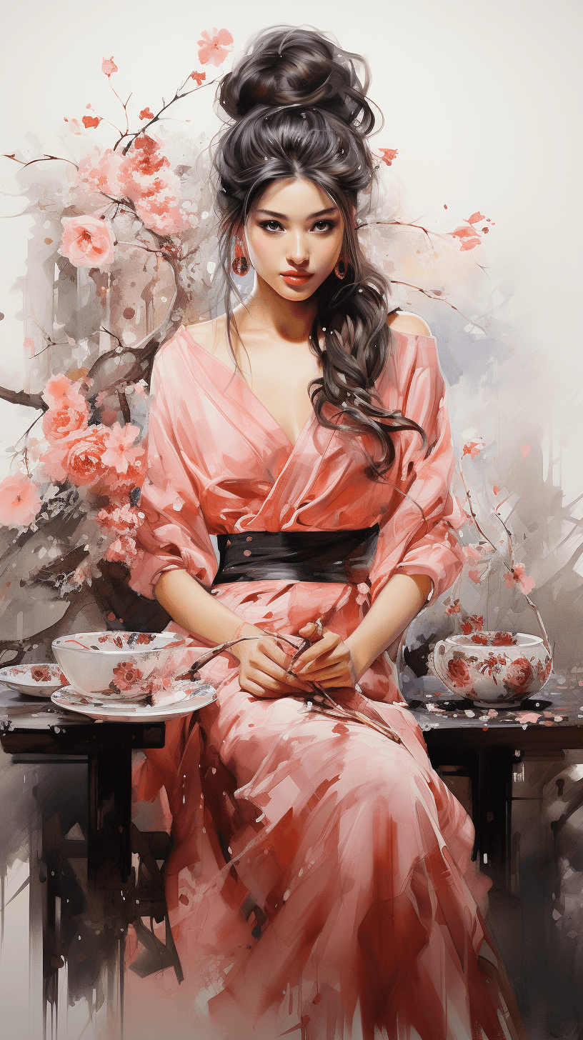 AI generated: A graceful Geisha adorned in a resplendent kimono, adorned with intricate cherry blossom motifs, her...