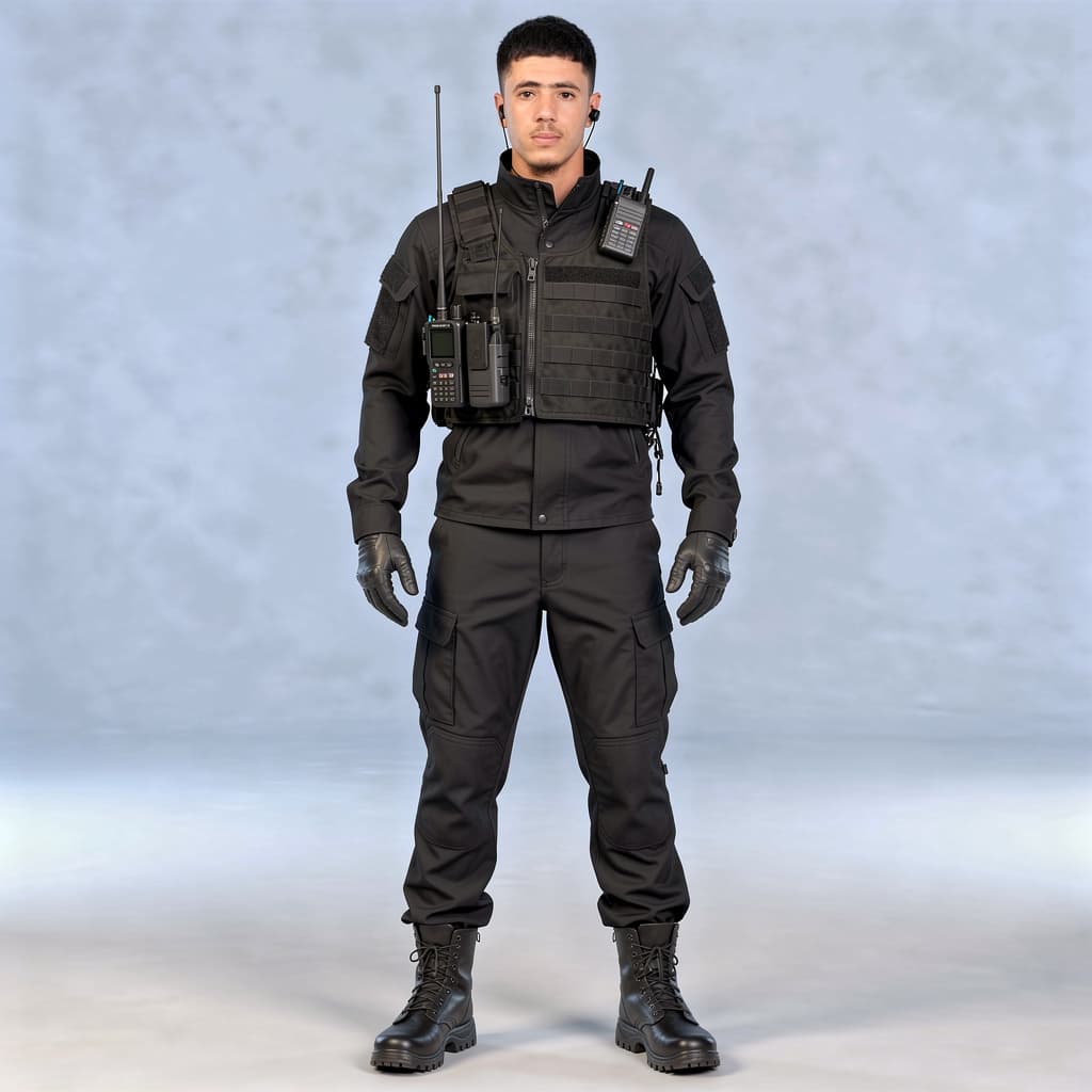 AI generated: Military uniform, Moroccan special forces, black uniform, Kalashnikov weapon, remote communication d...