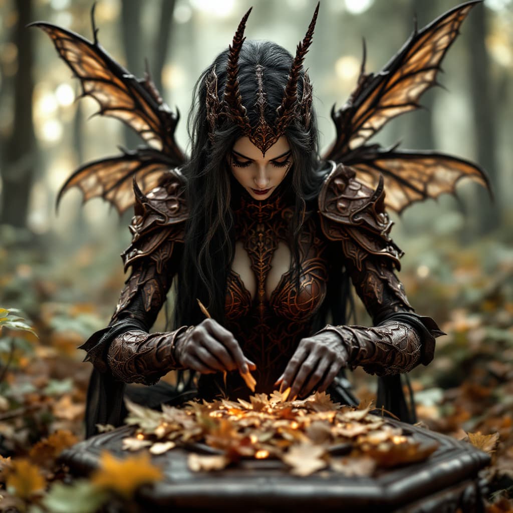 AI generated: A full body photo shot of a woman with long black hair and white Victorian dark bordeaux wood armor,...