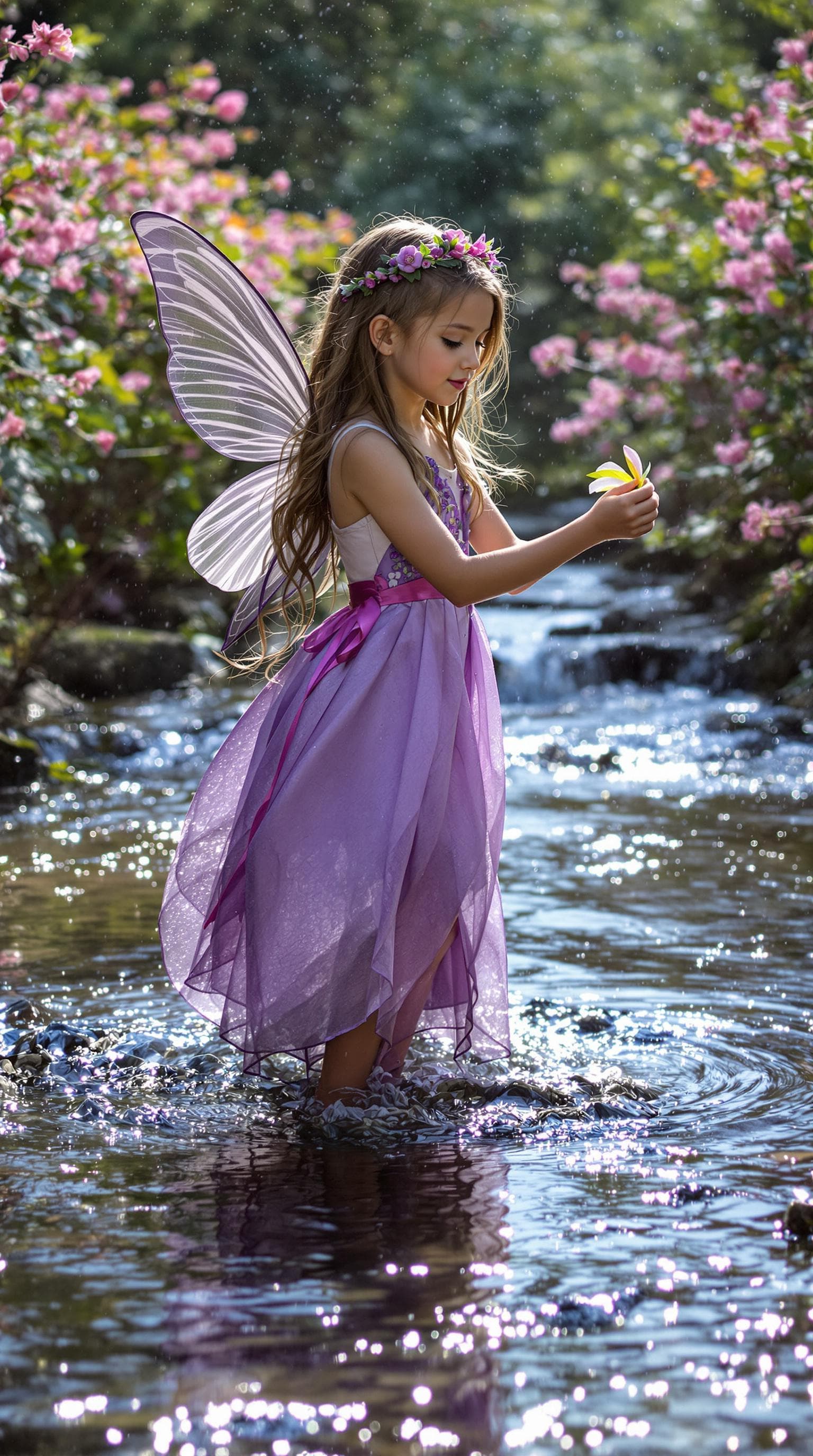 AI generated:  professional photo of a  exceptionally beautiful tiny seven year old fairy girl, with long hair, (w...