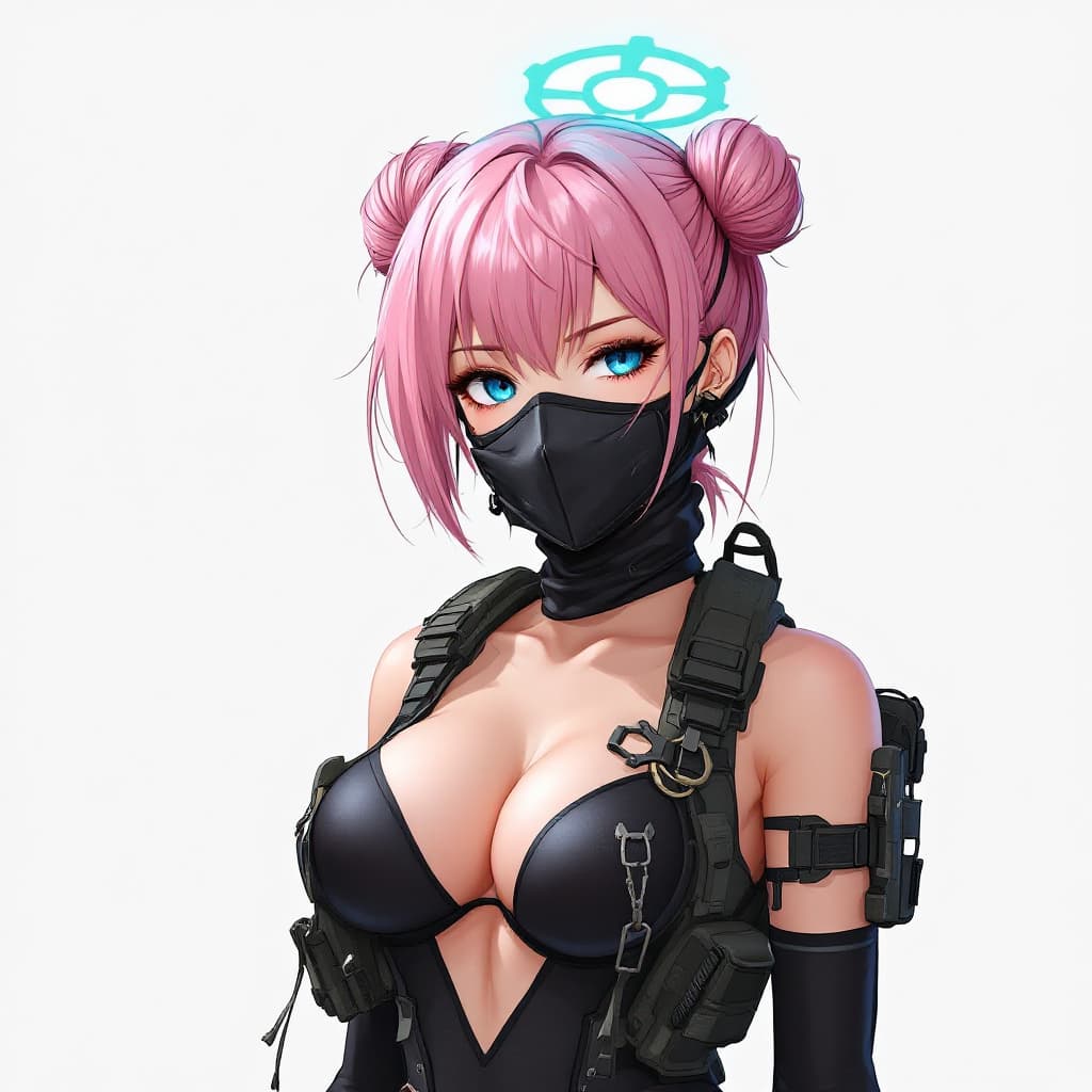 AI generated: Anime girl,Tall girl, pink hair, twin bun hairstyle, black thong leotard, tactical gear,medium breas...