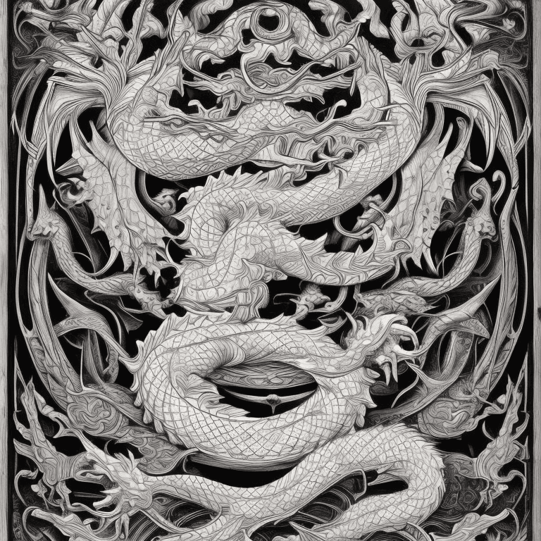 AI generated: engraving, line art, monochrome, japanese dragon tattoo drawing, in the style of matthias jung, kere...