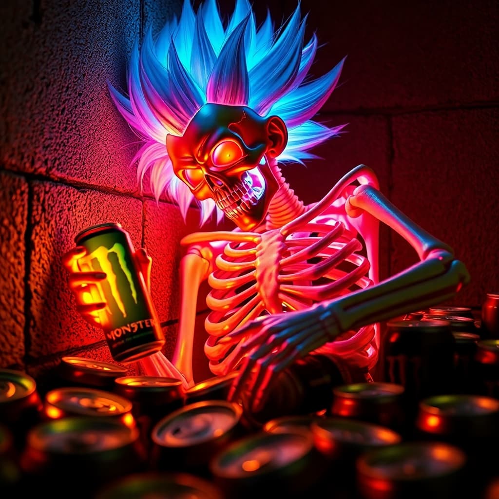 AI generated: Extreme close-up macro photograph of a neon-glowing skeleton with Super Saiyan hair and aura, slumpe...