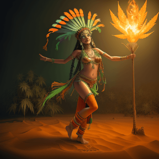 AI generated: High-resolution photograph of a psychedelic scene, indian dancing with a cannabis headdress, sand fl...