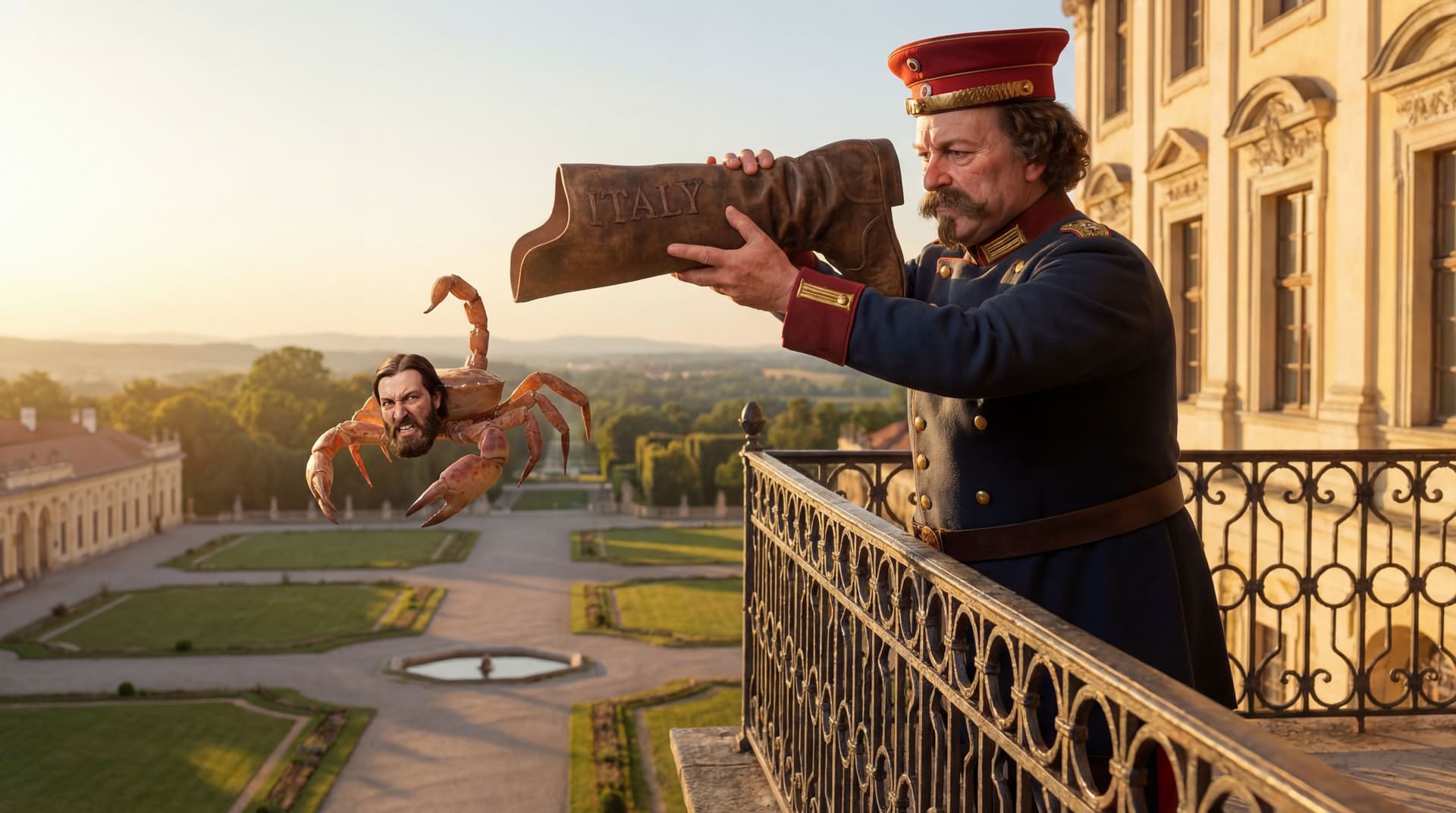 AI generated: fix the background. make it a royal palace balcony. He should throw him from the opening of the boot...