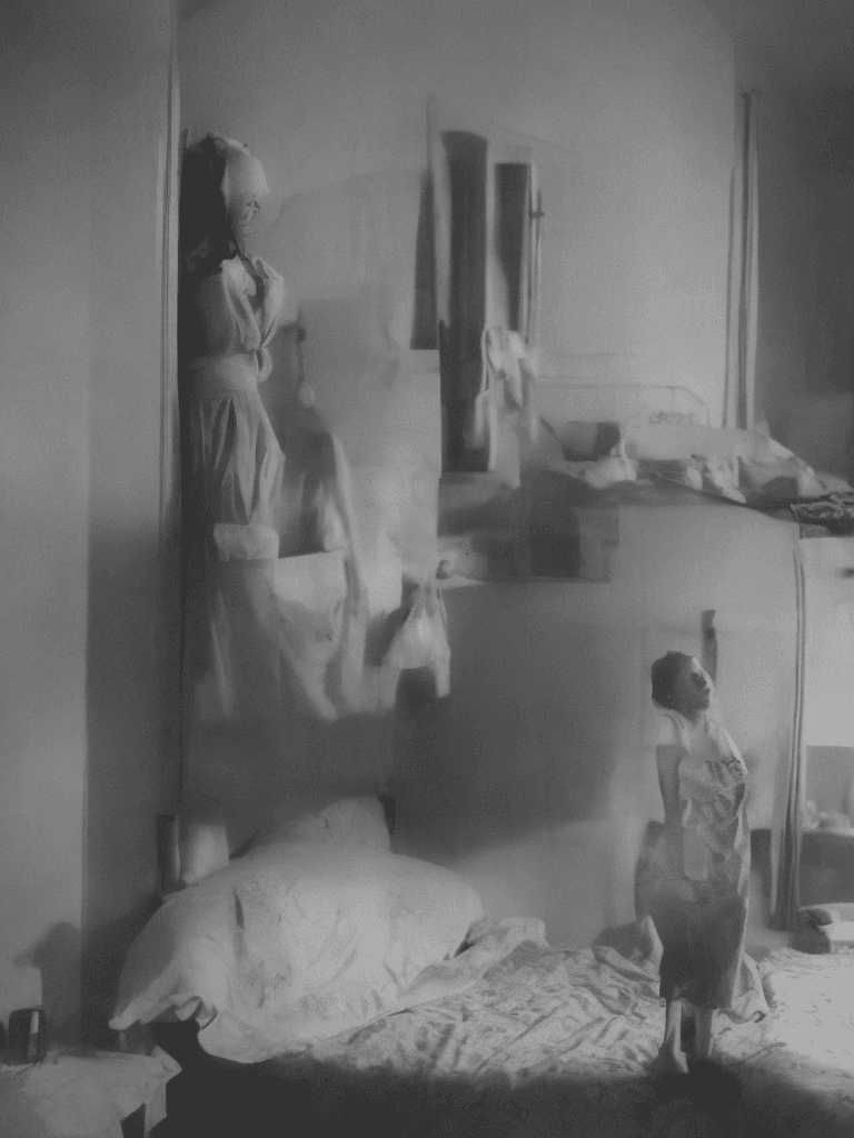 AI generated: (masterpiece, best quality, high resolution:1.4), a German girl in cheep motel bedroom, standing, fa...