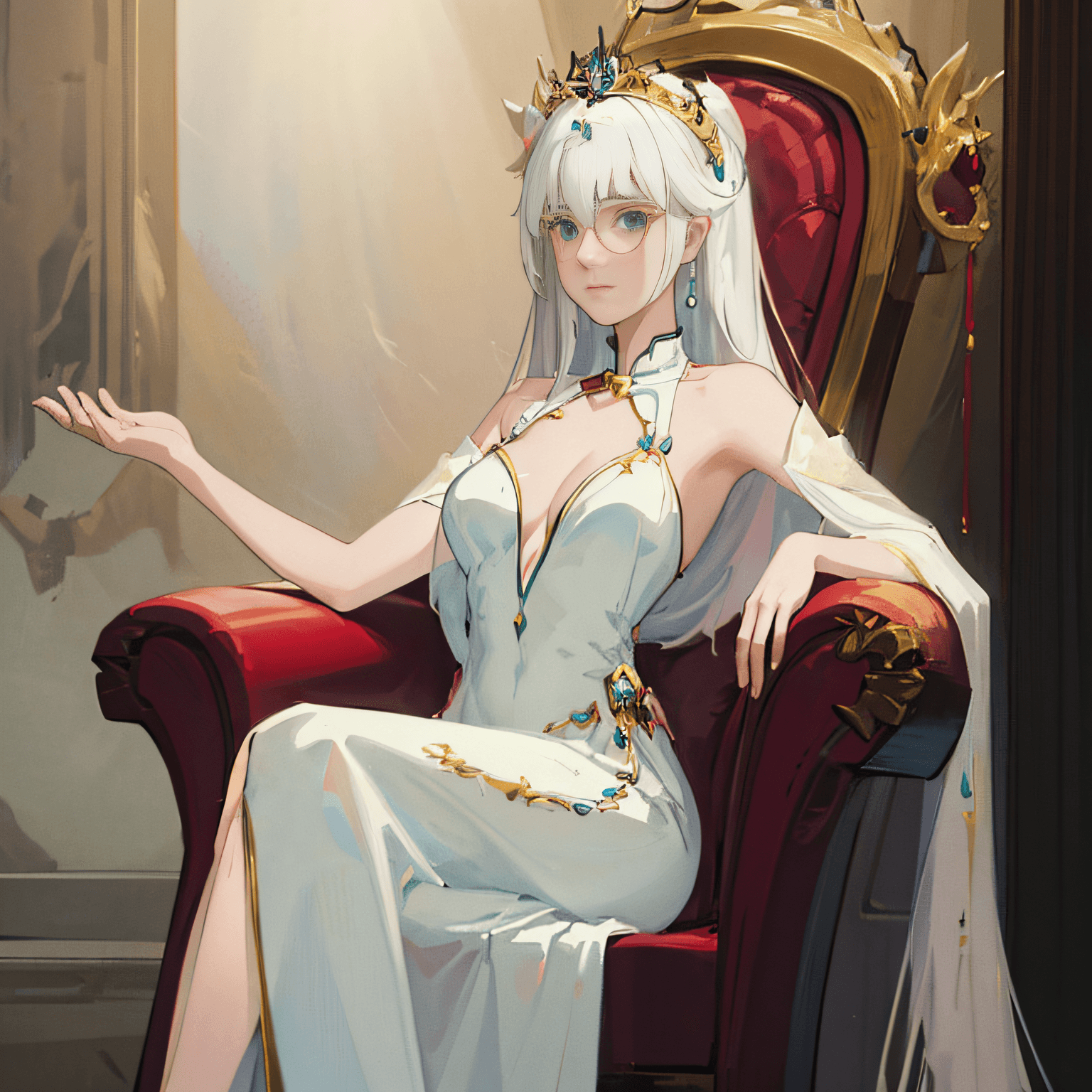 AI generated: arafed woman in a white dress sitting on a red chair, a beautiful fantasy empress, ((a beautiful fan...
