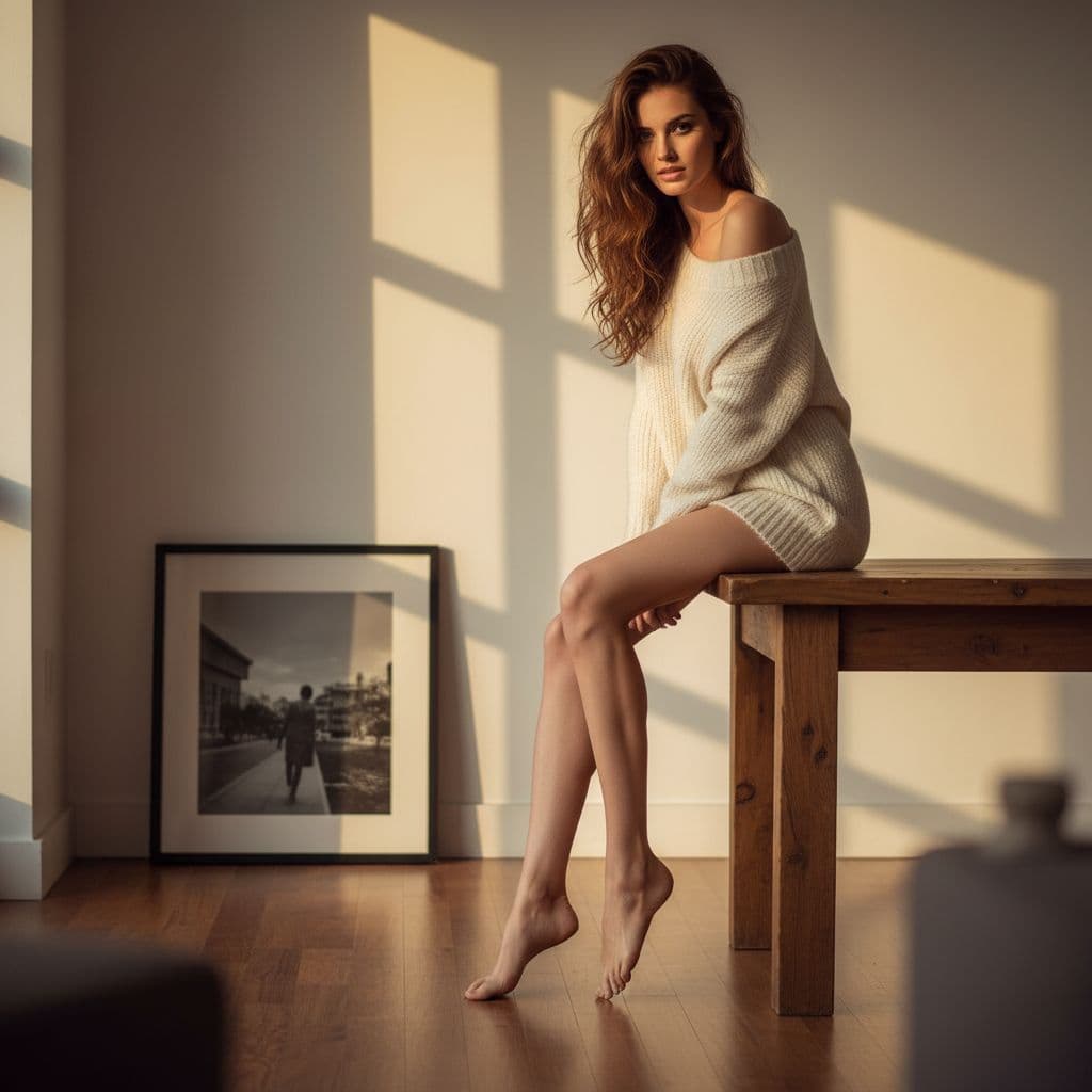 AI generated: A beautiful, captivating woman with long brown wavy hair sits barefoot on a rustic wooden table. She...
