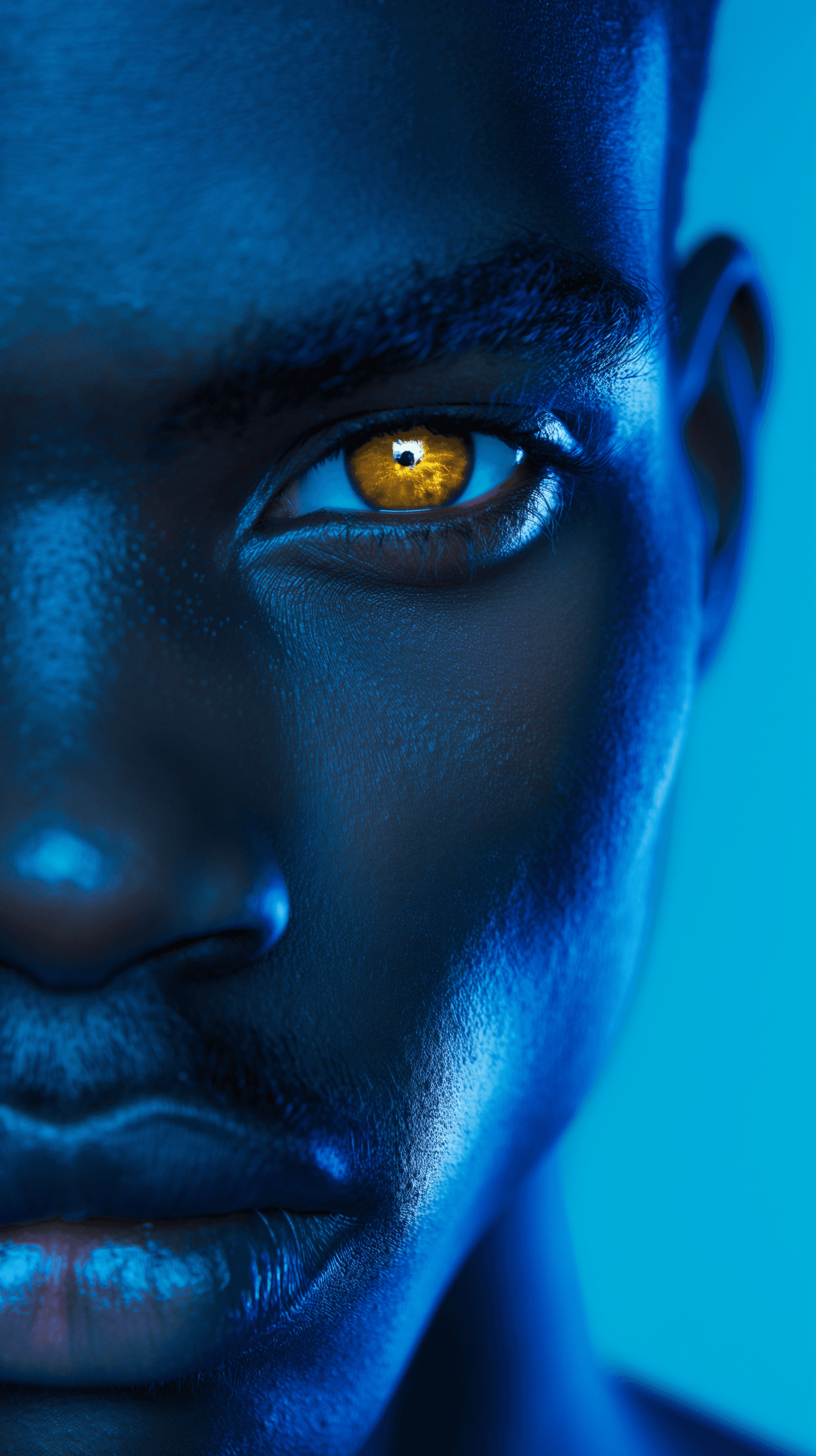 AI generated: photography,  blue hue, black man model, solid blue backdrop, yellow eyes detailing, using a camera ...