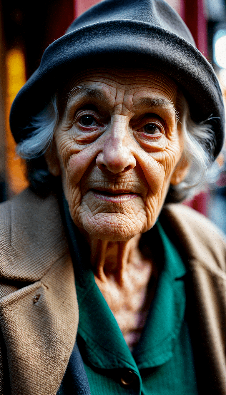 AI generated: The image features an older woman wearing a hat and a green shirt. She is standing in front of a red...