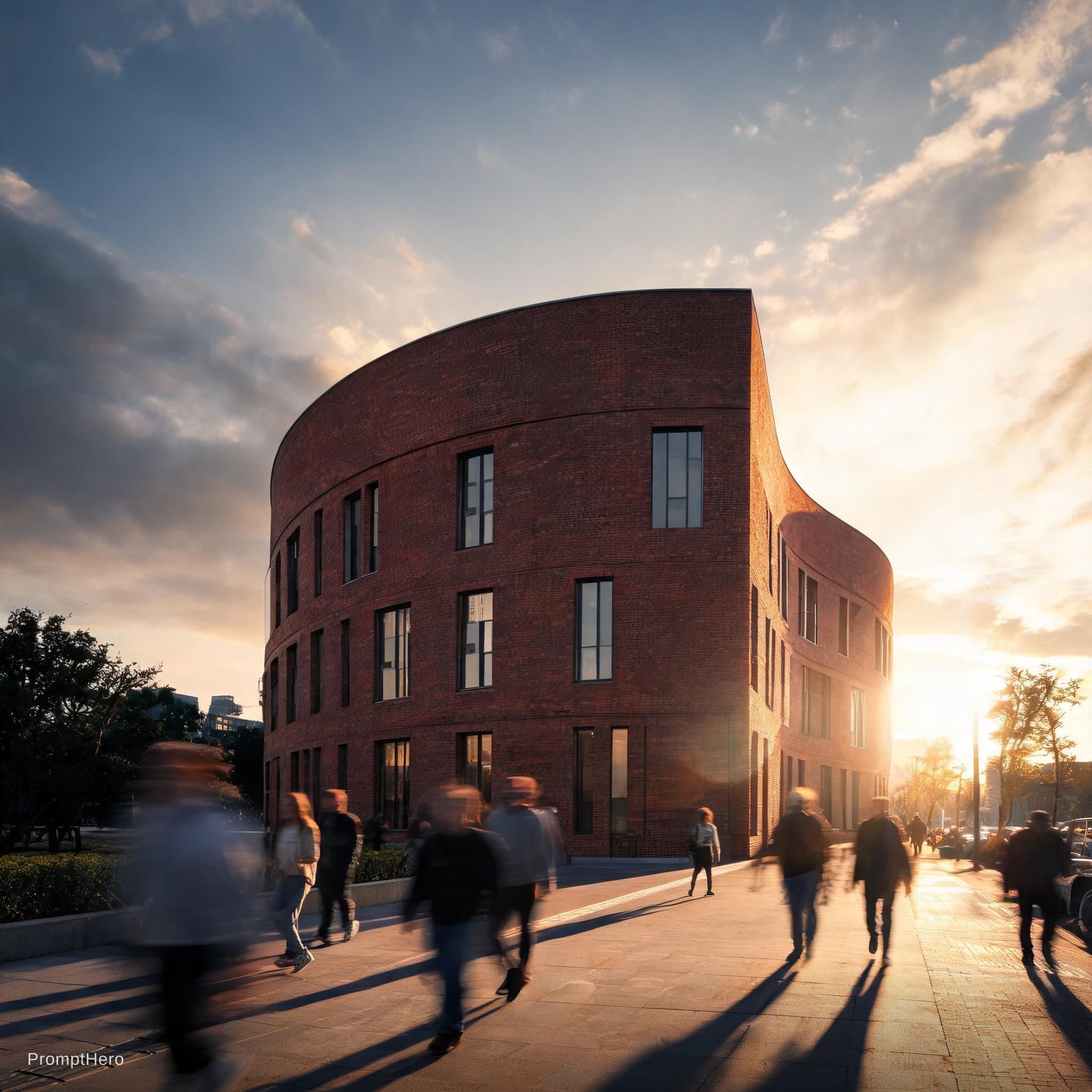 AI generated: photorealistic, canon EOS 5d, minimalistic medium scale office building, curved brick, geometric sha...