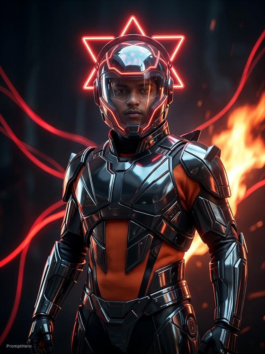 AI generated:  futuristic cyborg boy featuring a captivating reflective cybernetic helmet adorned with glowing tri...