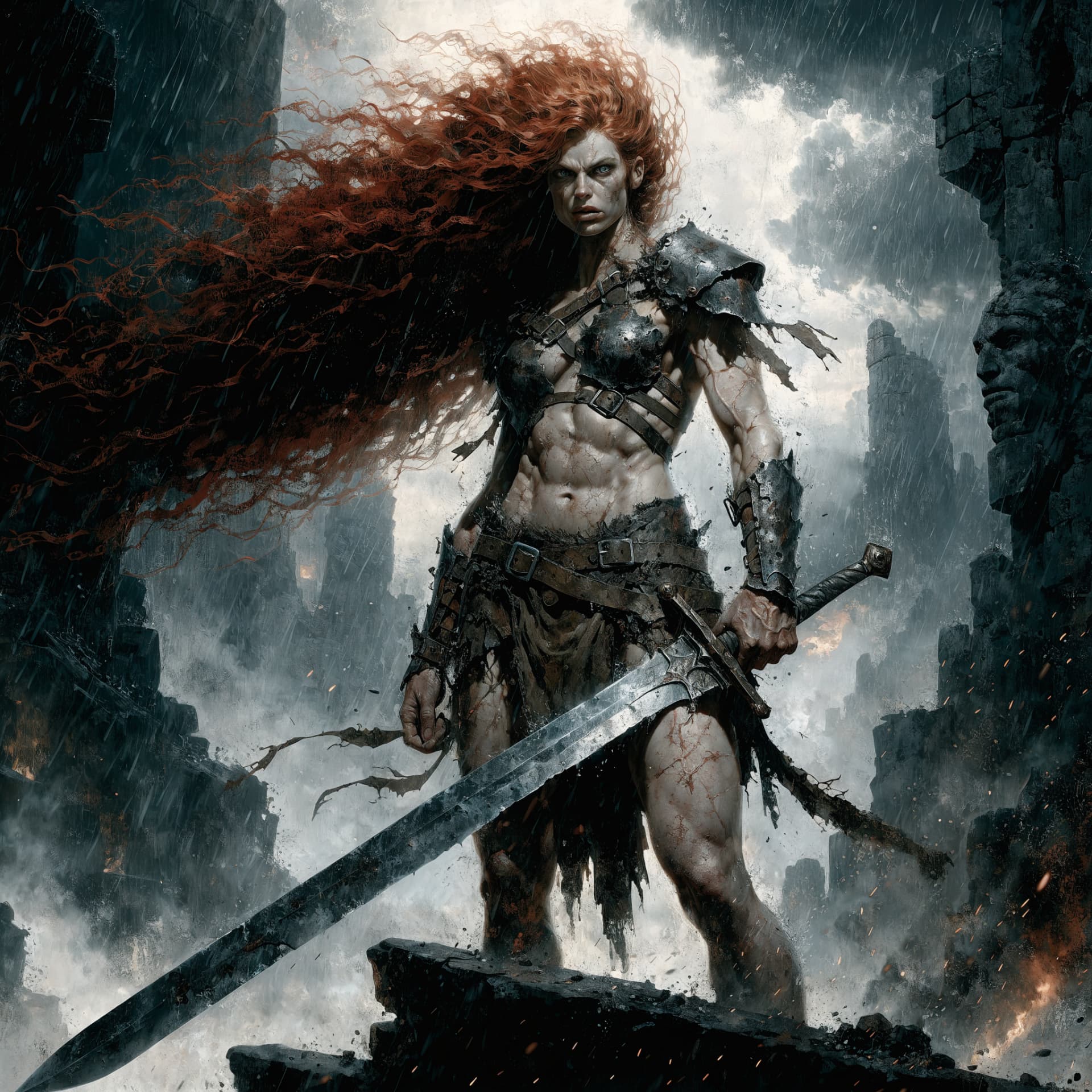 AI generated: Towering barbarian warrior woman standing in a dramatic full-body pose, athletic and feline physique...