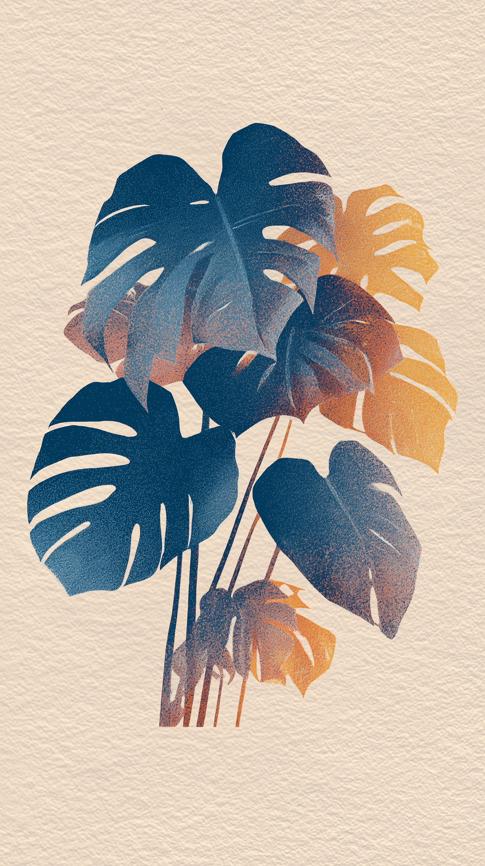 AI generated: risograph illustration, tropical monstera leaves, overlapping silhouettes, on textured cream cardsto...