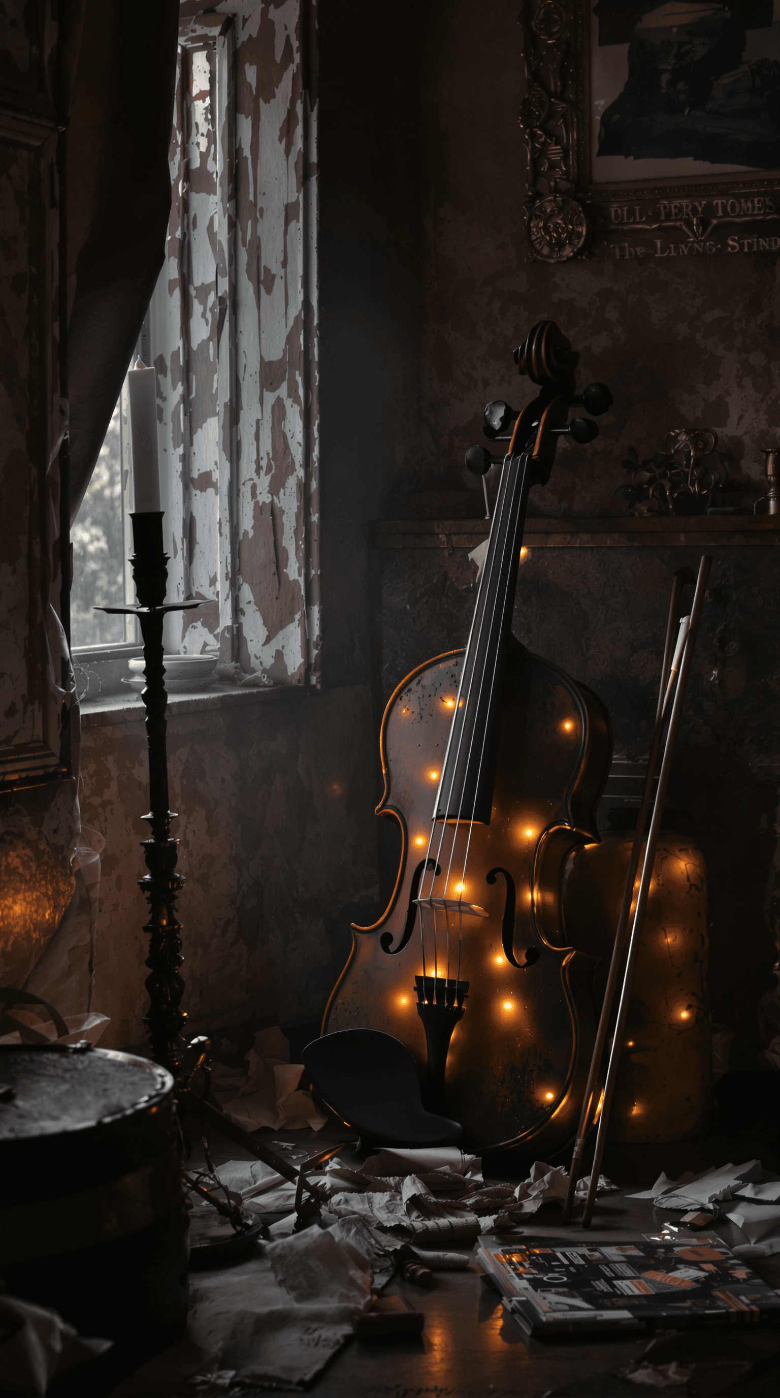 AI generated: In a dimly lit room overflowing with nostalgia, a rusted violin composer emits a faint glow as it pa...
