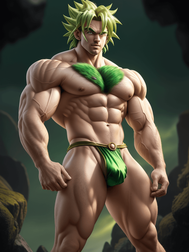 AI generated: Broly, caucasian complexion, big muscles and big thighs, green short hair, in his thirties, He wears...