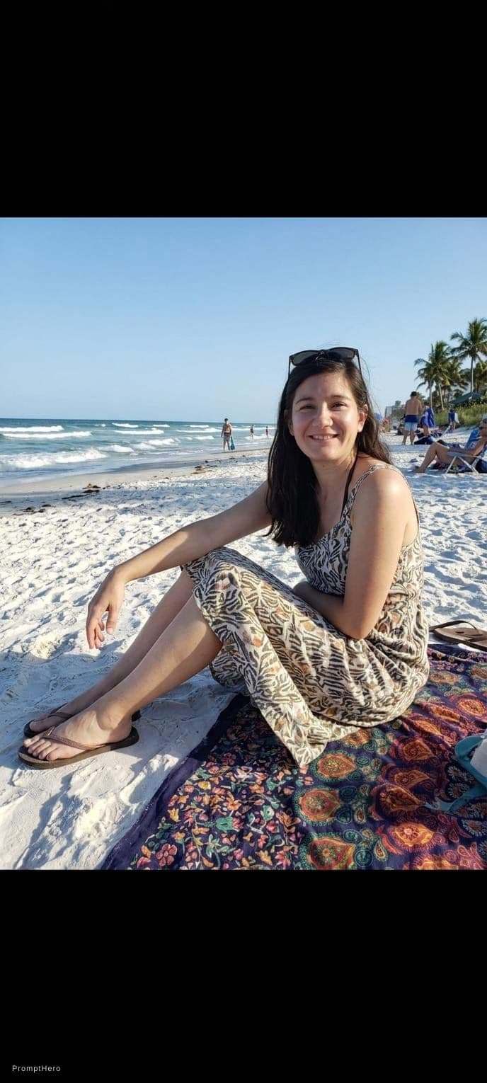 AI generated: Die Frau ist an Strand und sitzt auf einer Decke. Sie trägt authentische strandkleidung