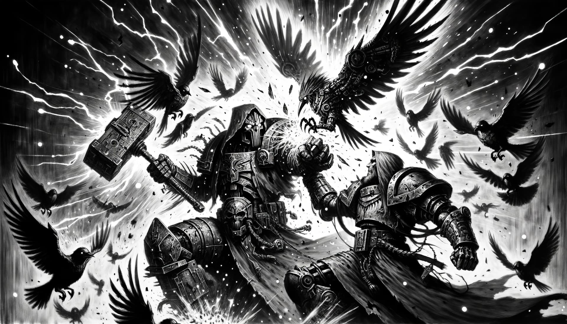 AI generated: Black and white illustration of an epic battle scene where a large, armored warrior with a hammer is...