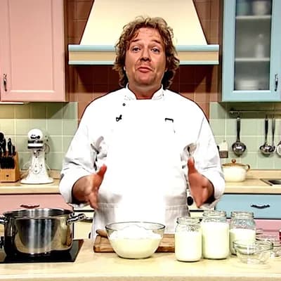 AI generated video: this man teaching how to make yogurt with russian accent in a cook tv show from the 90s