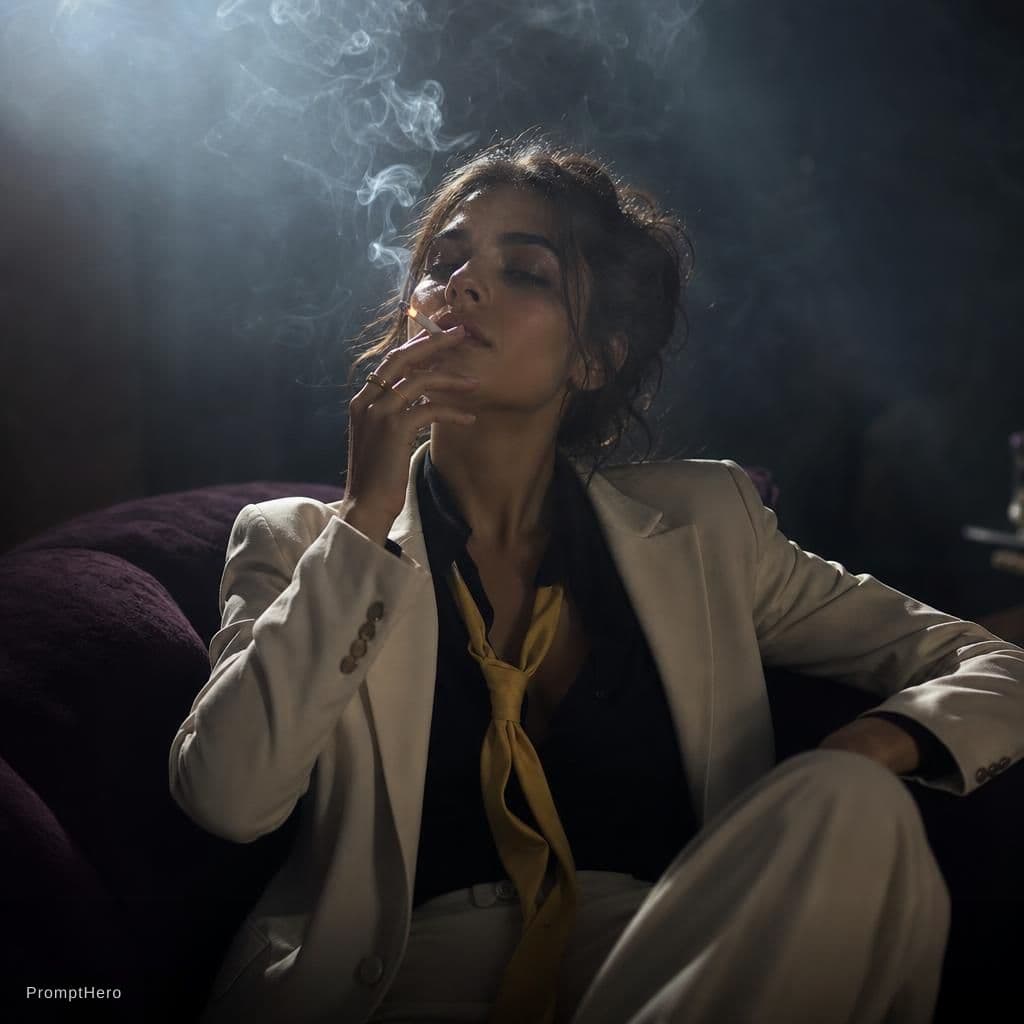 AI generated: snapshot, dimly lit room with a hazy atmosphere, capturing a female model lounging on a deep purple ...