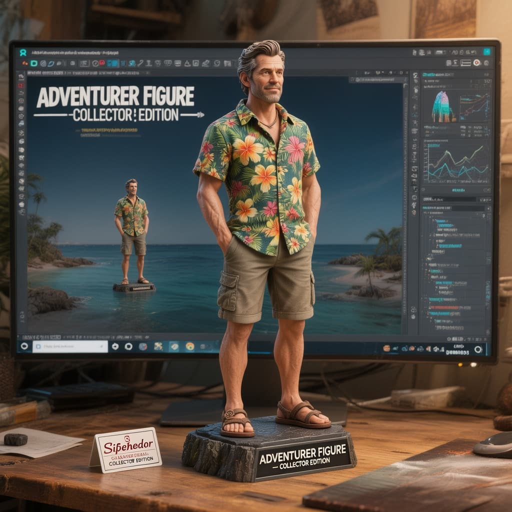 AI generated: A photorealistic 3D collector figure of a man in bermuda shorts and hawaiian shirt, displayed on a w...