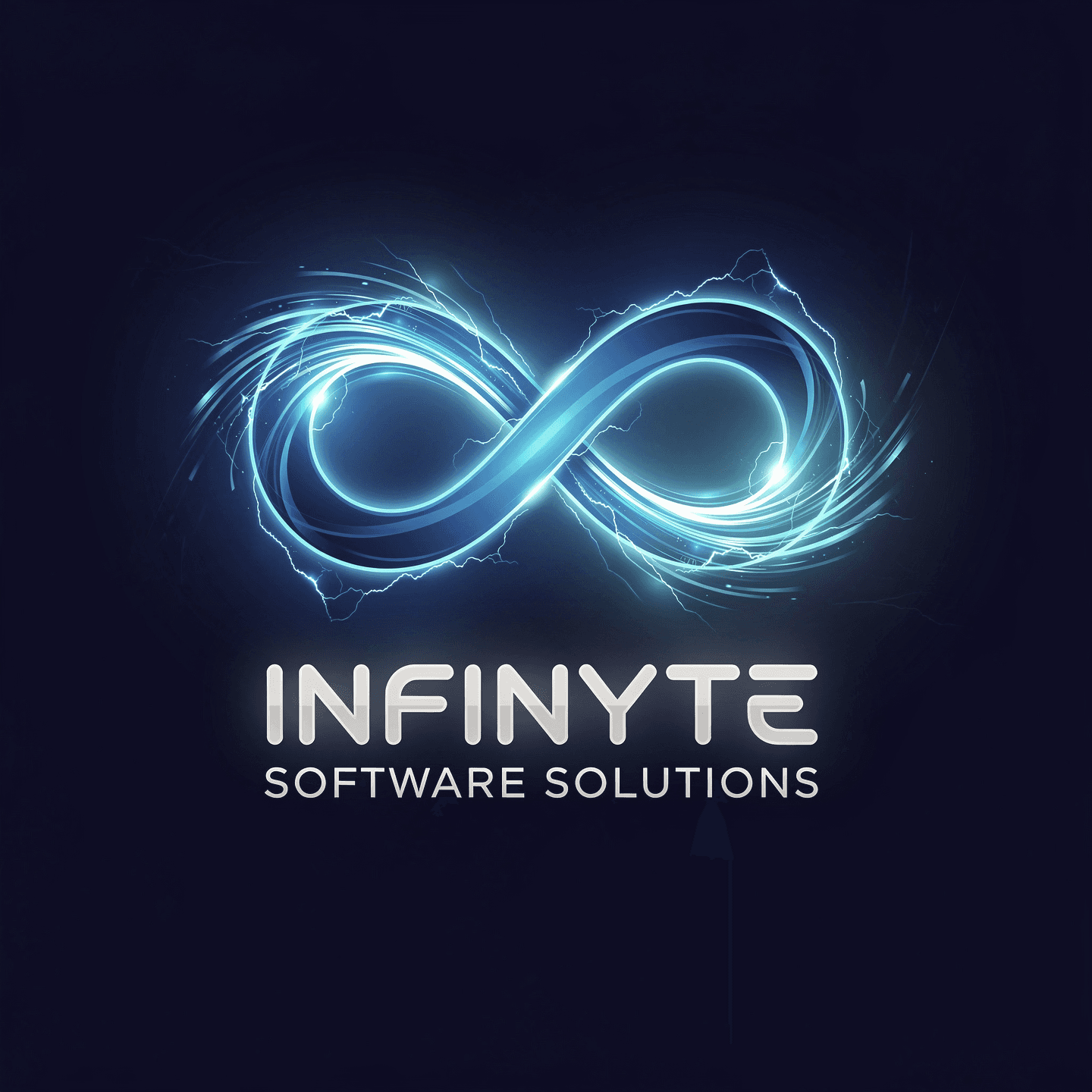 AI generated: Tech logo, deep navy background, glowing infinity symbol made of blue light streaks and energy trail...