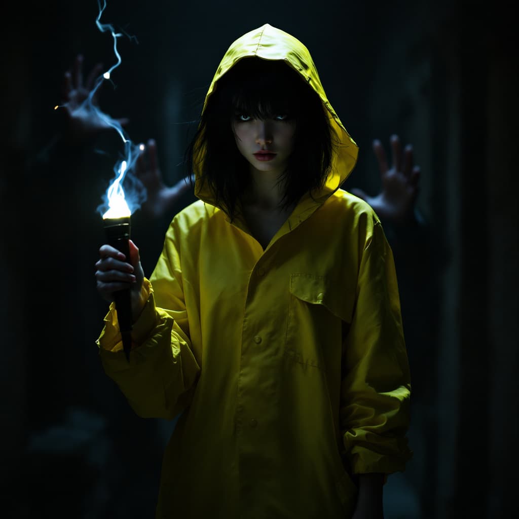 AI generated: full body view of a mysterious 18 year old woman, with messy black hair cut into a bob and long bang...