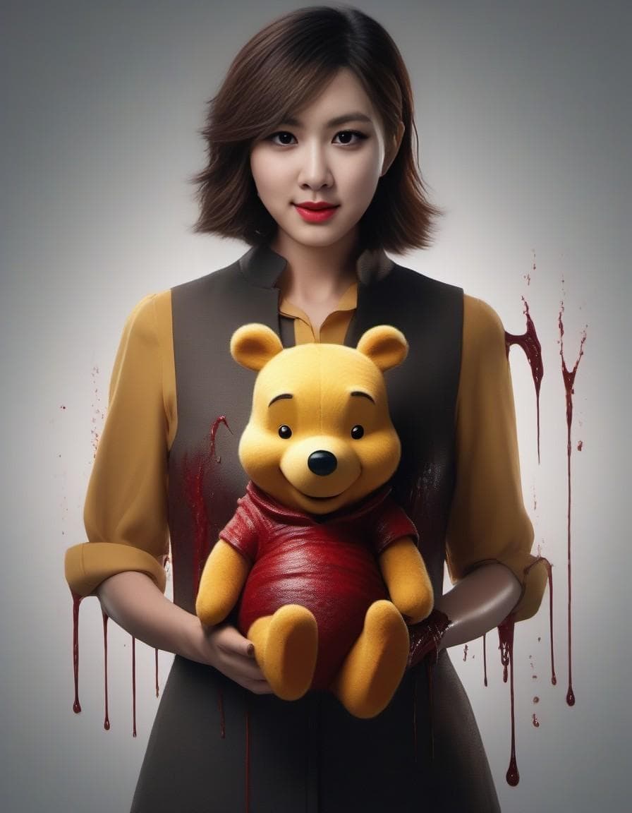 AI generated: (Anthropomorphic), (killer winnie the pooh by tim burton), fangs, sharp teeth, blood dripping down m...