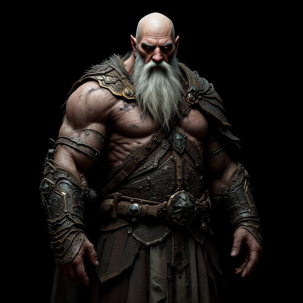 AI generated: Create a full-body image of an elderly, humanoid warrior, a towering and majestic figure with a heav...
