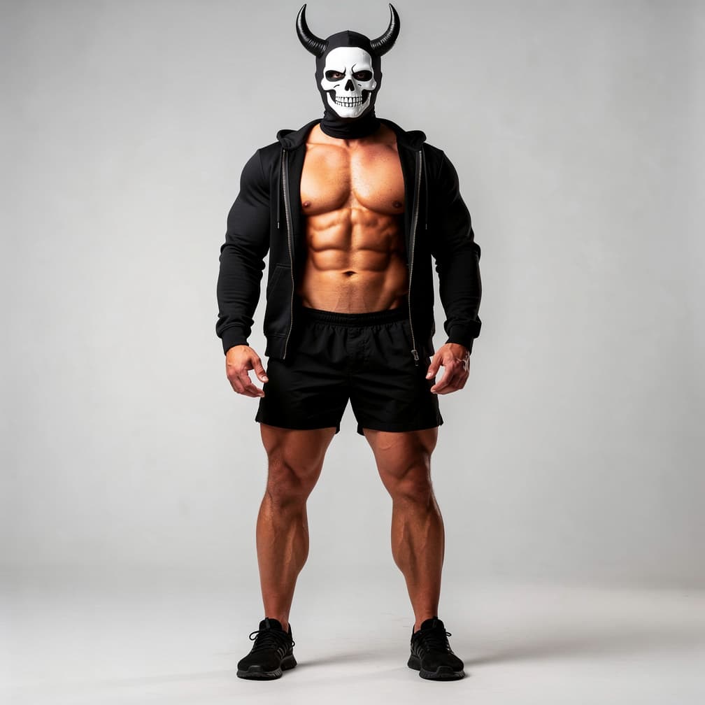 AI generated: A big muscular man wearing black short shorts and a black fully unzipped jacket with a hood that has...
