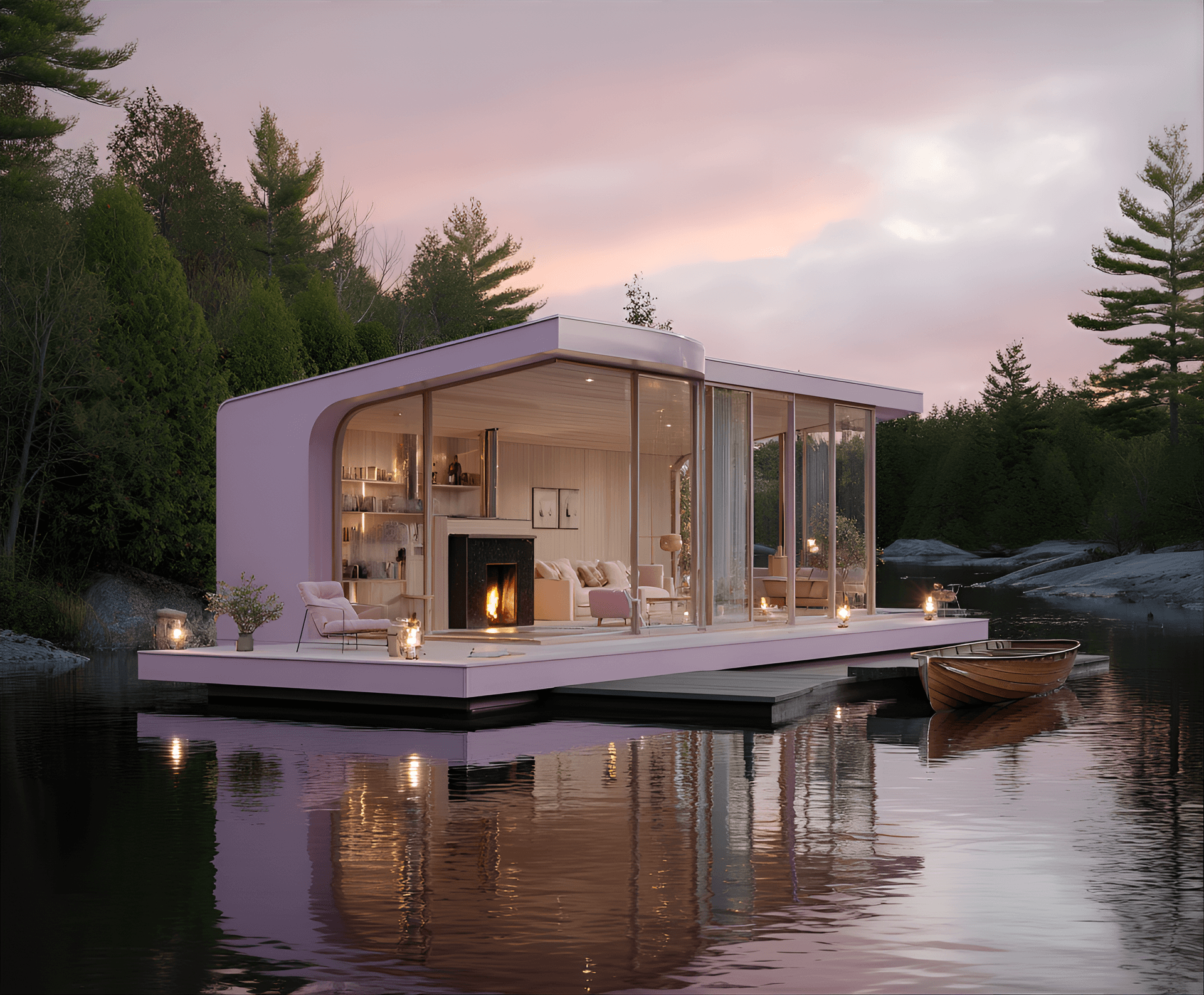 AI generated: surreal lakeside cabin with a pastel lavender exterior, expansive glass walls, and a floating deck,...