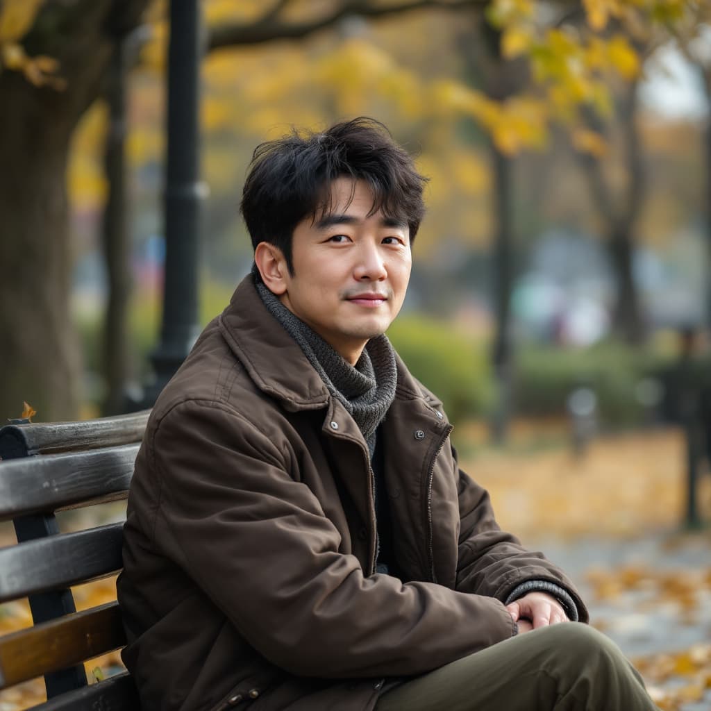 AI generated: realistic photo by korean man 40 years old in a park for social network
