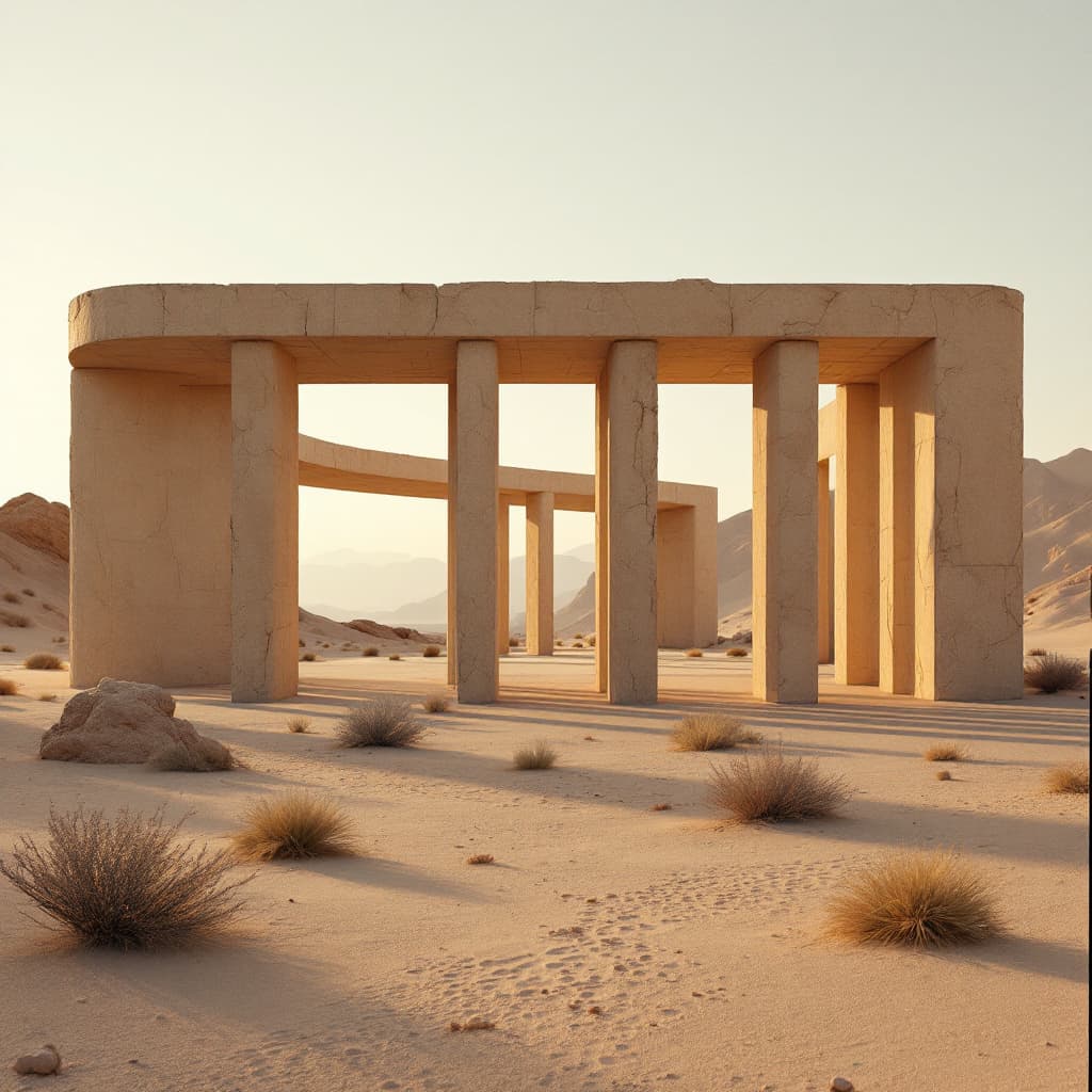 AI generated: brutalist architectural structure made of columns and arcs placed in the serene surreal desert, desi...