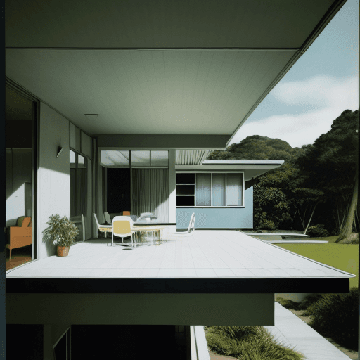 AI generated: Hyper realistic eye level exterior photo of a mid century modern style house overlooking the ocean, ...