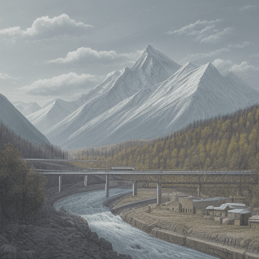 AI generated: one line sketch valley with small mountain with trees, three mountain peaks, modern factory at the r...