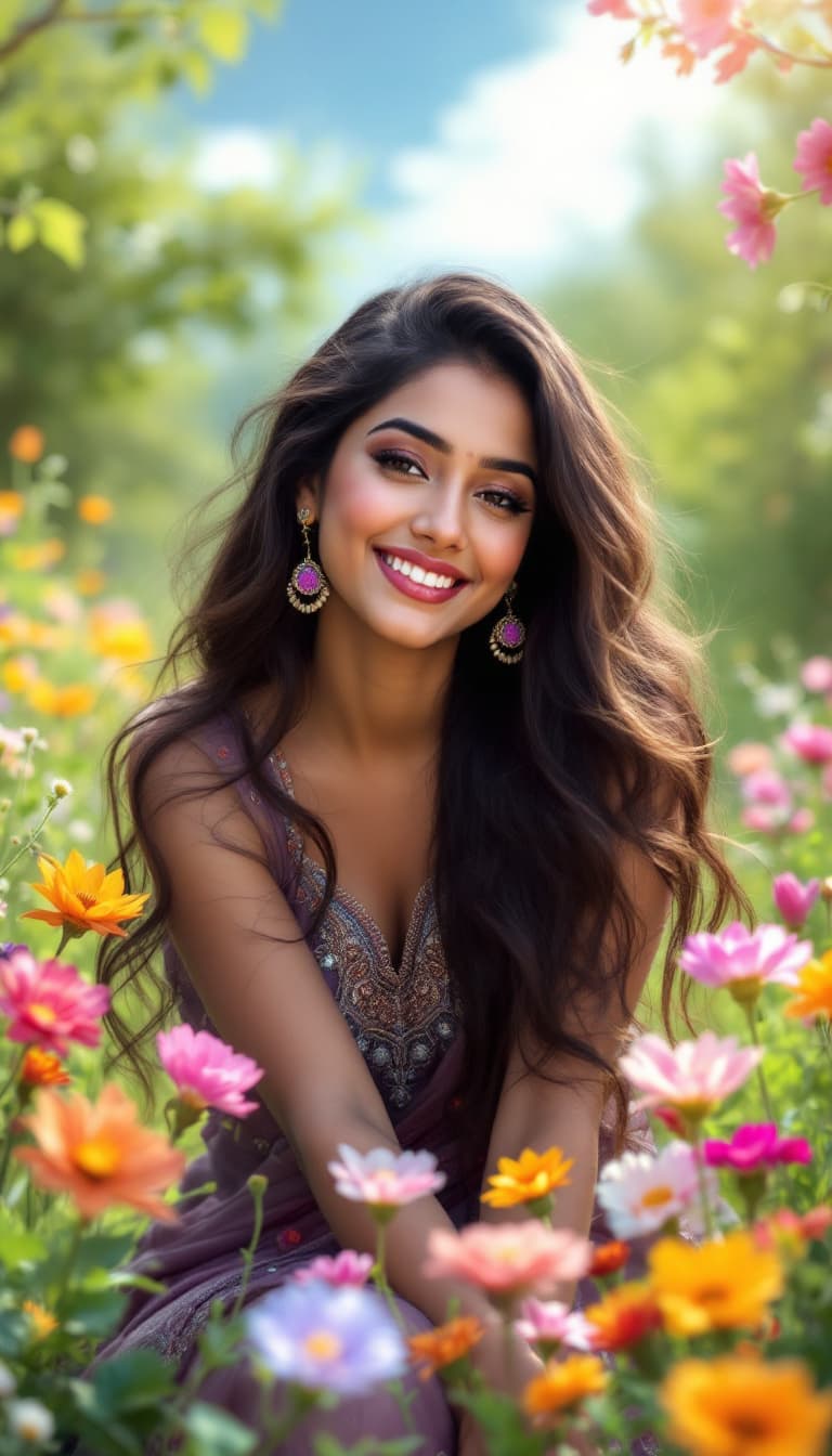 AI generated: **Prompt:**

"Generate a detailed artistic description of a beautiful Indian woman depicted in a ser...