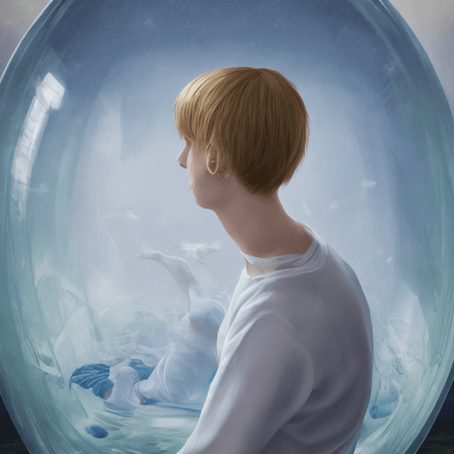 AI generated: A pale blonde teen boy in white pijamas floating inside a giant fishbowl, human aquarium, exhibition...