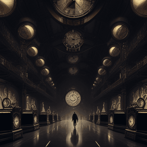 AI generated: A man walking through a large room filled with clocks, in the style of imaginative fantasy landscape...