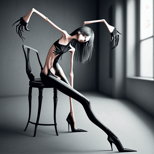 AI generated: extreme skinny slender girl, with long curved claws, skinny legs and long skinny calves in high heel...