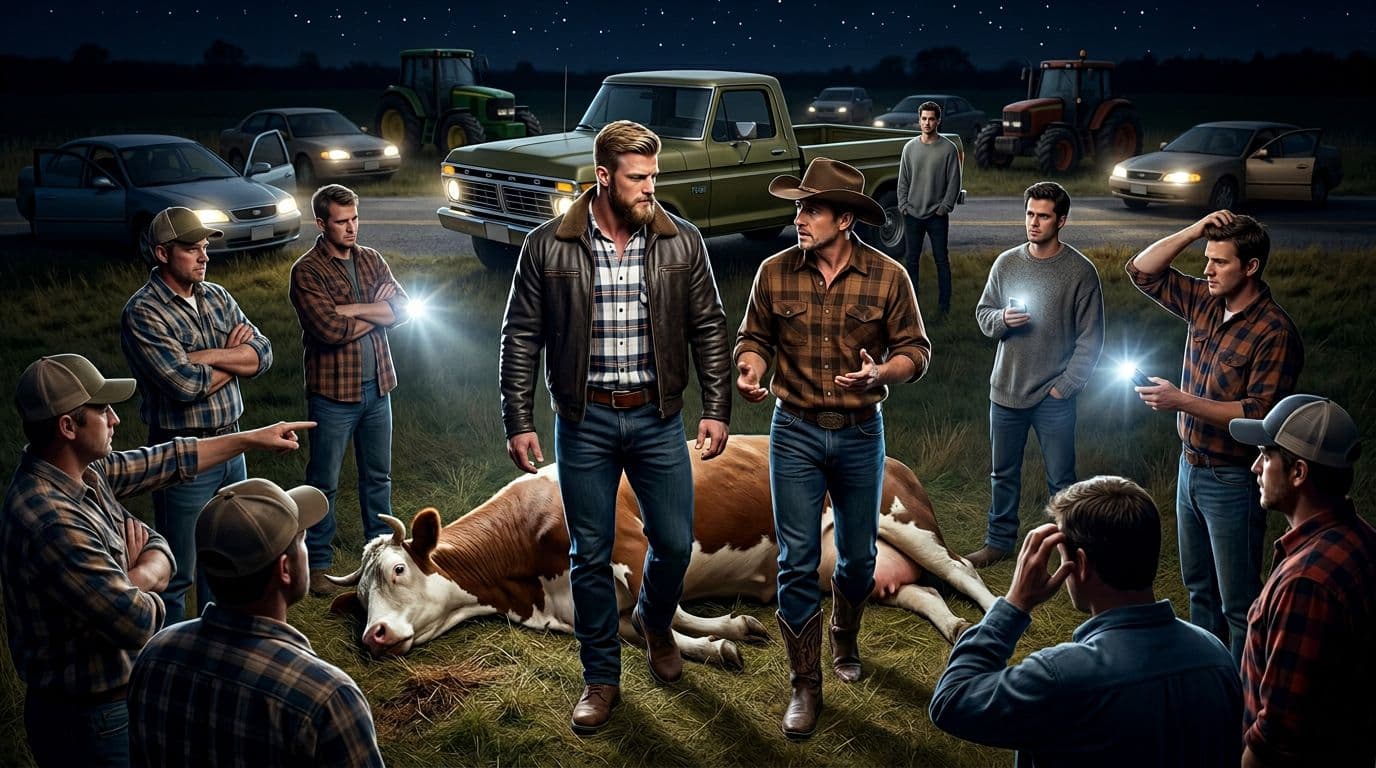 AI generated: In an Autumn night. The vintage olive green Ford pick up truck is parked between the other cars. All...