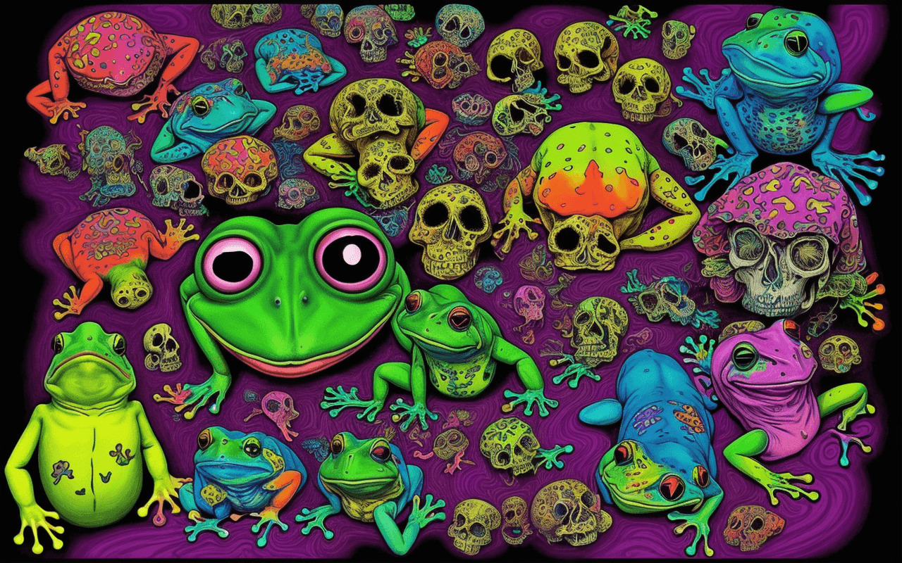 AI generated: color psyhodelic art,lsd,trip,frogs,scull,color