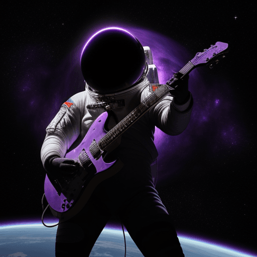 AI generated: an astronaut who plays guitar beside the blackhole, purple, black, space, amazing, deep, spaceship 